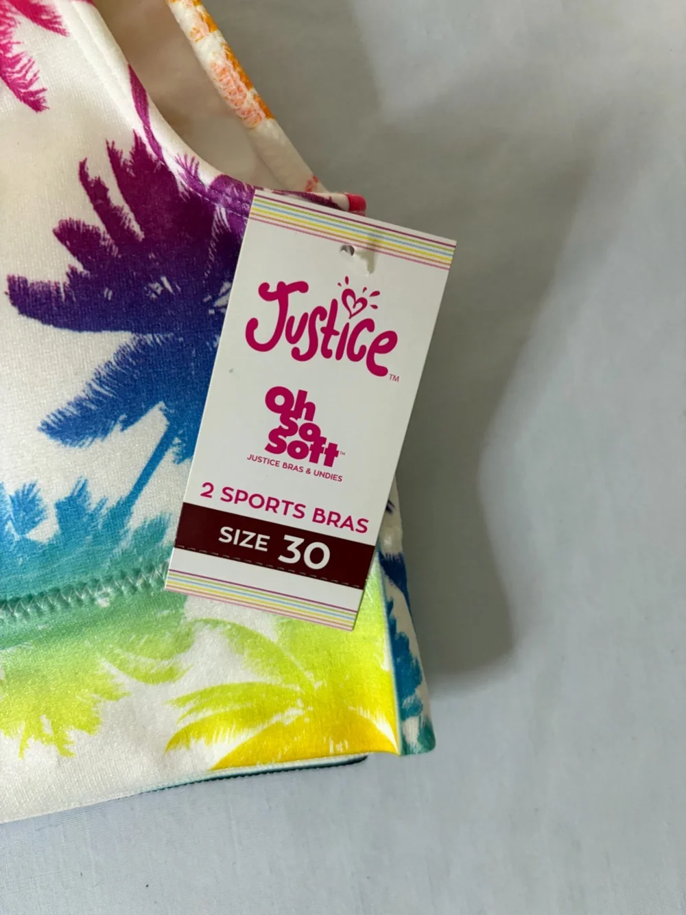 Justice Palm-Print Sports Bra White with Multicolor Blue Size 30 Padded